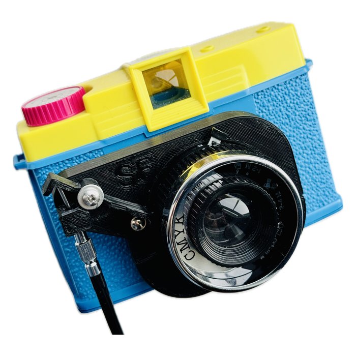 Diana F+ shutter release cable adapter fitted to camera